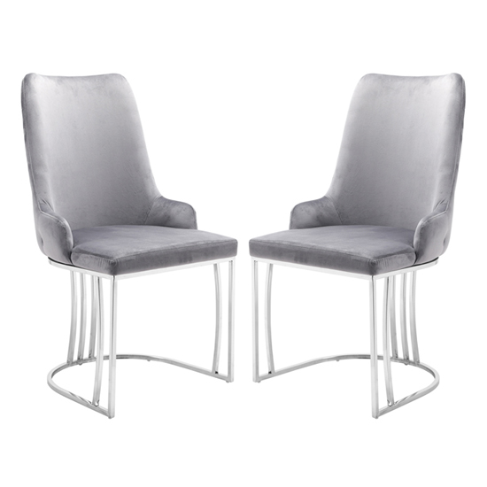 Brixen Grey Plush Velvet Dining Chairs Silver Frame In Pair