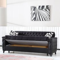 Kanata Plush Velvet Storage 3 Seater Sofa Bed In Black