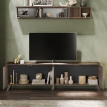 Tavira Wooden TV Stand With 4 Doors In Dark Oak And Bronze