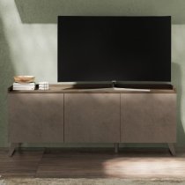 Tavira Wooden TV Stand With 3 Doors In Dark Oak And Bronze