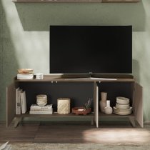 Tavira Wooden TV Stand With 3 Doors In Dark Oak And Bronze