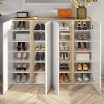 Flint High Gloss Shoe Cabinet 4 Doors In White And Cadiz Oak