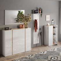 Flint High Gloss Shoe Cabinet 4 Doors In White And Cadiz Oak