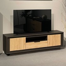 Soller Wooden TV Stand 2 Doors 1 Drawer In Black Lava Cadiz Oak