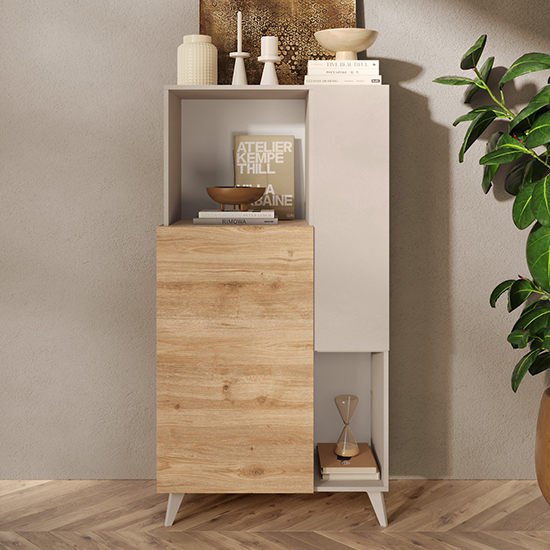 Milan Wooden Highboard With 2 Doors In Cashmere And Cadiz Oak