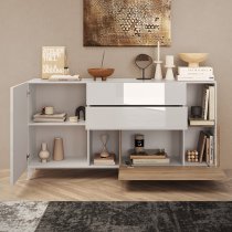 Milan High Gloss Sideboard 2 Doors 2 Drawers In White Cadiz Oak