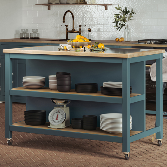 Kavala Wooden Kitchen Island Open With Breakfast Bar In Blue