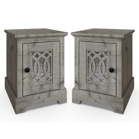 Arcata Mexican Grey Mirrored Bedside Cabinets In Pair