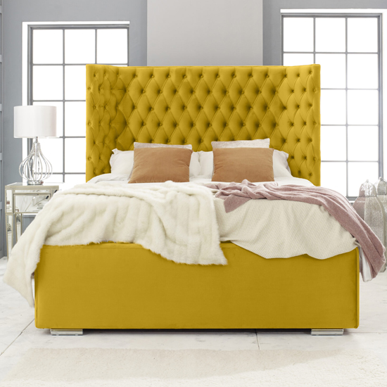 Prague Plush Velvet Small Double Bed In Mustard Gold