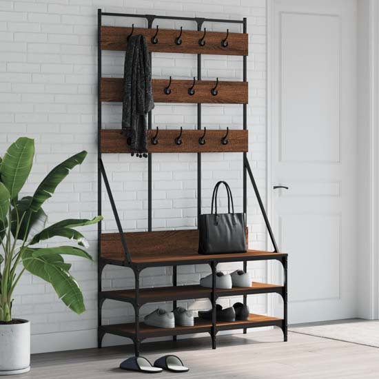 Camrose Wooden Clothes Rack With Shoe Storage In Brown Oak