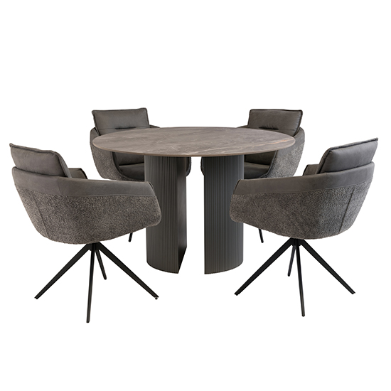 Beccles Stone Dining Table Round With 4 Lacey Grey Chairs