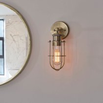 Adel Industrial Designer Caged Bathroom Wall Light In Brass