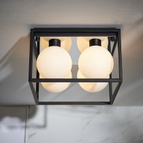 Adel Matt Opal Glass Shade Square Bathroom Flush Light In Black