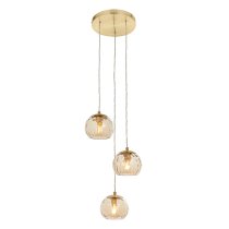 Dimple 3 Light Champagne Glass Shade Pendant Light In Brass