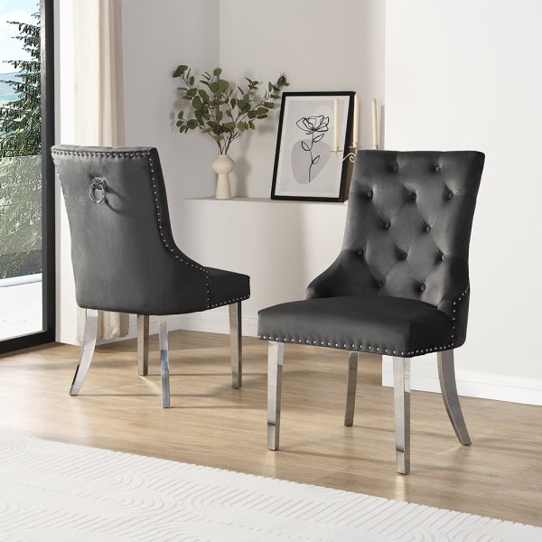 Imperial Black Velvet Button Back Dining Chairs In Pair