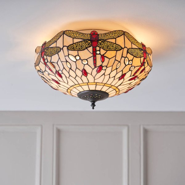 Dragonfly Tiffany Glass Shade Flush Ceiling Light In Dark Bronze