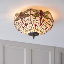 Dragonfly Tiffany Glass Shade Flush Ceiling Light In Dark Bronze