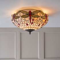 Dragonfly Tiffany Glass Shade Flush Ceiling Light In Dark Bronze