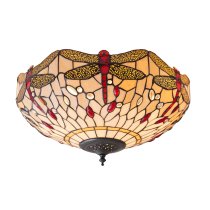 Dragonfly Tiffany Glass Shade Flush Ceiling Light In Dark Bronze