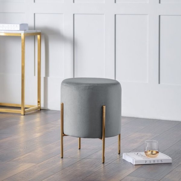 Halle Velvet Stool With Gold Legs In Light Grey