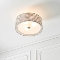 Cagney 3 Light White Fabric Shade Flush Light In Satin Nickel