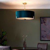 Hayfield 3 Light Rich Green Velvet Shade Pendant Light In Brass