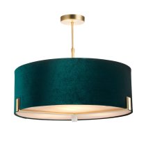 Hayfield 3 Light Rich Green Velvet Shade Pendant Light In Brass