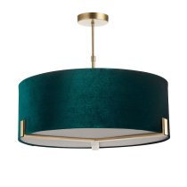 Hayfield 3 Light Rich Green Velvet Shade Pendant Light In Brass