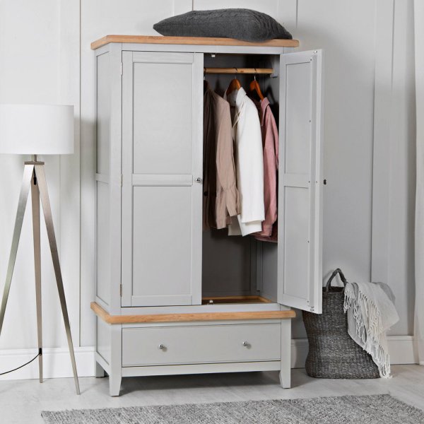 Elkin Wooden Wardrobe With 2 Doors 1 Drawer In Grey And Oak