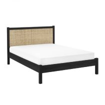 Pabla Wooden Double Bed With Rattan Headboard In Black