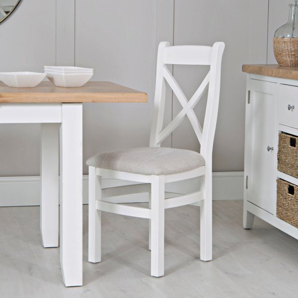 Elkin Cross Wooden Dining Chair With Fabric Seat In White