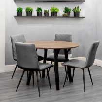 Frisco Oak Effect Dining Table Round With 4 Grey Chairs