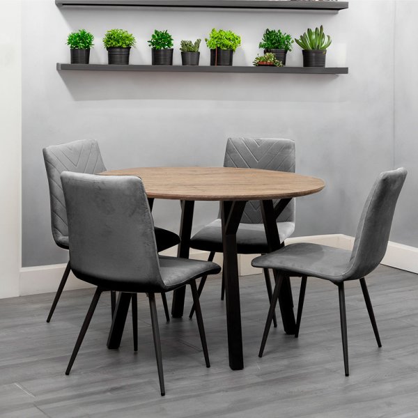 Frisco Oak Effect Dining Table Round With 4 Grey Chairs