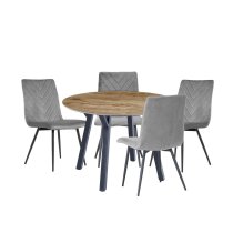 Frisco Oak Effect Dining Table Round With 4 Grey Chairs