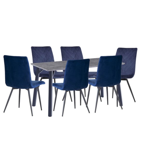 Frisco Concrete Effect Dining Table Large With 6 Blue Chairs