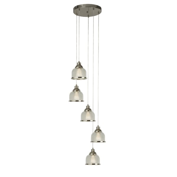 Bistro 5 Light Holophane Glass Pendant Light In Satin Silver