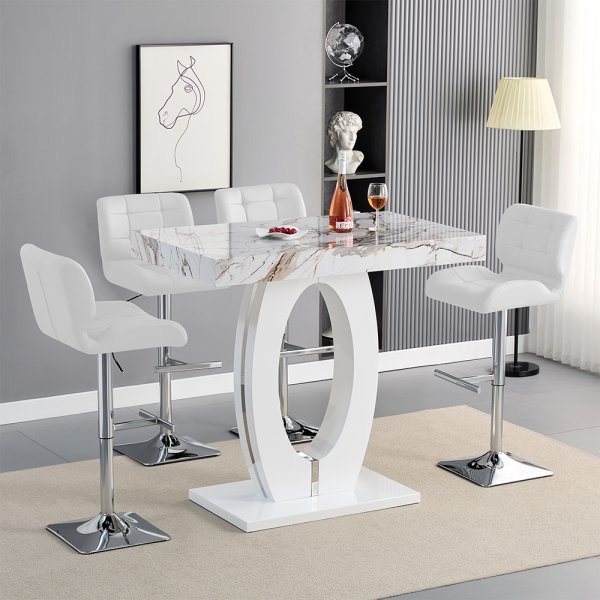 Halo Milo Marble Effect Bar Table With 4 Candid White Stools