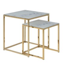 Allen White Marble Effect Glass Nest Of 2 Tables With Gold Frame