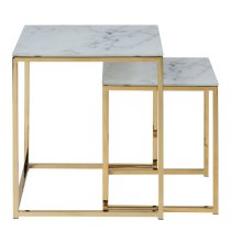 Allen White Marble Effect Glass Nest Of 2 Tables With Gold Frame