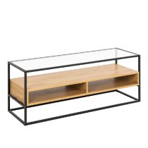 Regina Glass Top TV Stand With Oak Shelves And Black Metal Frame