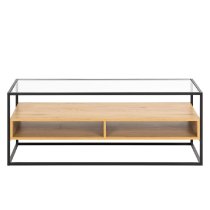 Regina Glass Top TV Stand With Oak Shelves And Black Metal Frame