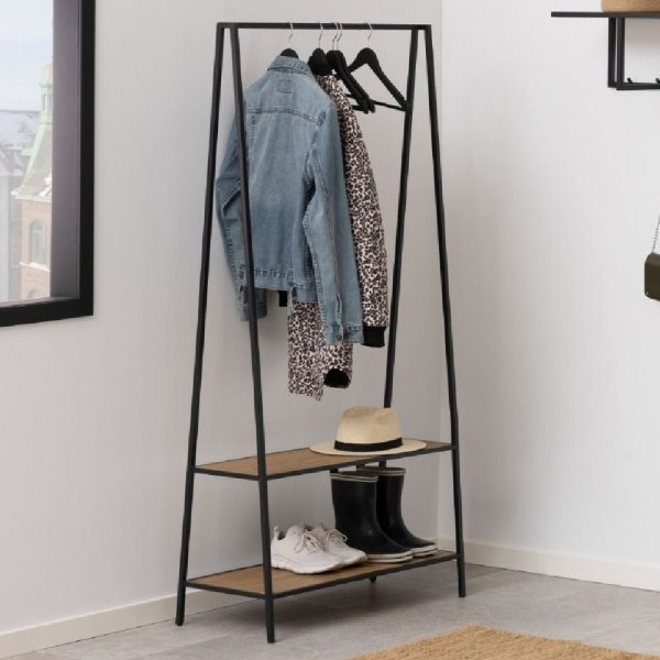 Sparks Wooden Clothes Stand With 2 Shelves In Oak And Black