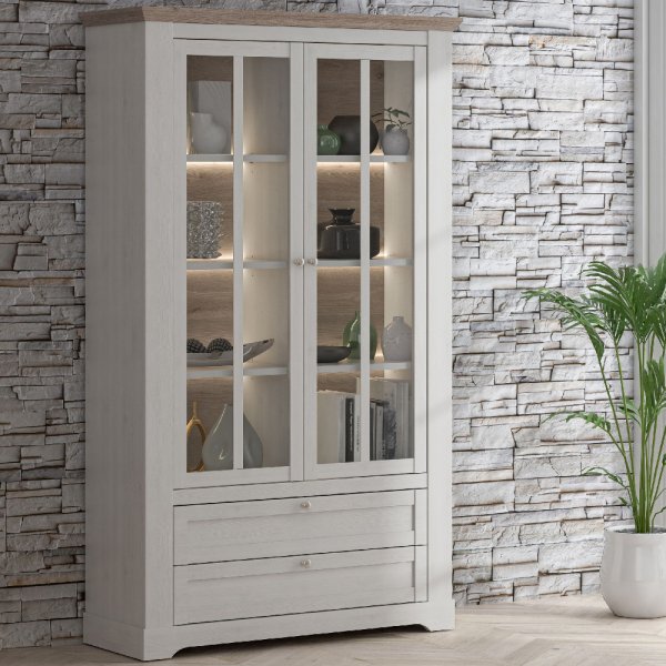 Iloppa Wooden Display Cabinet With 2 Door 2 Drawer In Snowy Oak