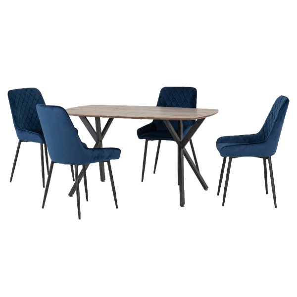 Alsip Oak Wooden Dining Table With 4 Blue Velvet Chairs