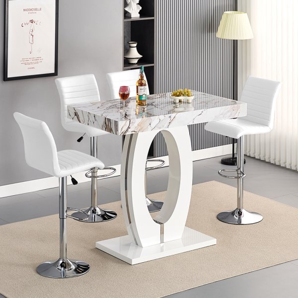 Halo Milo Marble Effect Bar Table With 4 Ripple White Stools