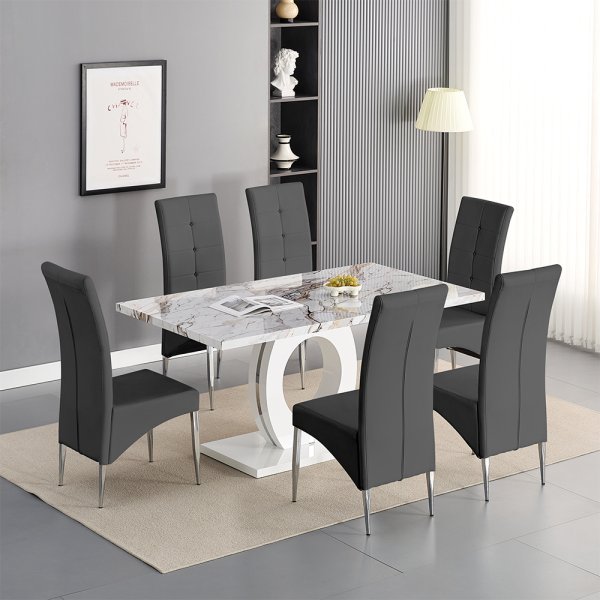 Halo Milo Marble Effect Dining Table 6 Vesta Grey Chairs