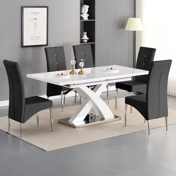 Axara Large Extending White Dining Table 6 Vesta Black Chairs