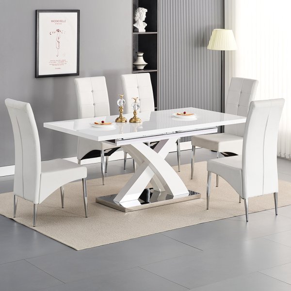 Axara Large Extending White Dining Table 6 Vesta White Chairs