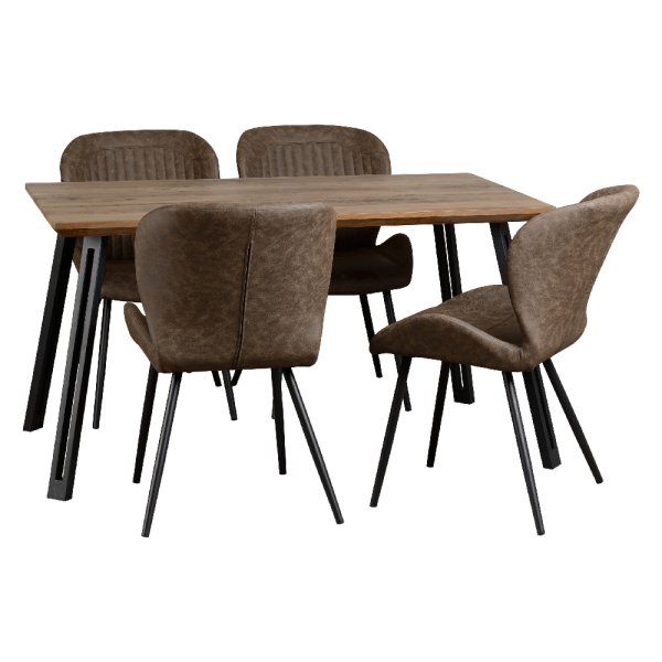 Qinson Oak Wooden Dining Table With 4 Brown Leather Chairs