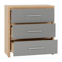 Samaira Wooden Chest Of 3 Drawers With Grey Gloss Front In Oak